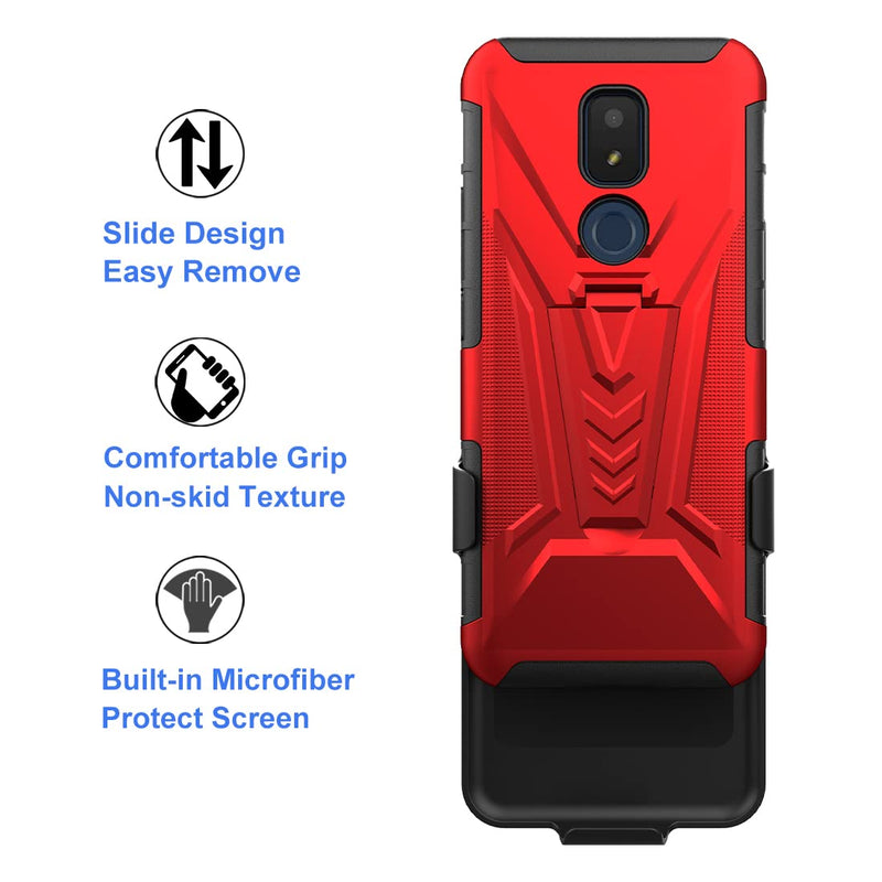 Ailiber Compatible with Cricket Icon 3 Case, AT&T Motivate 2 Case Holster with Screen Protector, Cricket Splendor Swivel Belt Clip Holster with Kickstand, Heavy Duty Full Body Cover for Icon 3-Red Screen Protector & Red