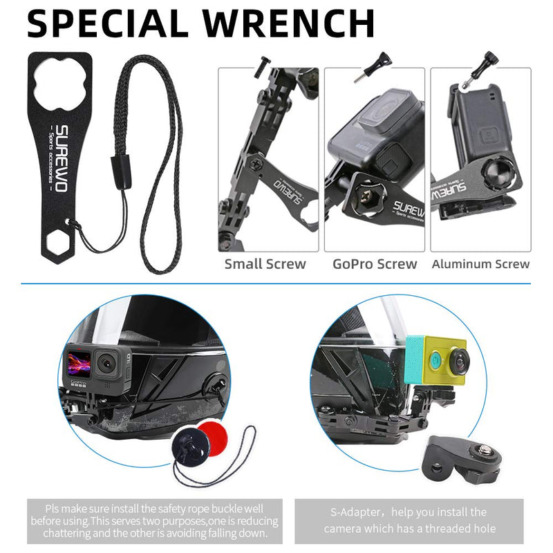 SUREWO Aluminum Motorcycle Helmet Chin Mount Compatible with GoPro Hero 10/9/8/7/(2018)/6/5 Black ,DJI Osmo Action 2,Insta360 ONE R/AKASO/Crosstour,and More