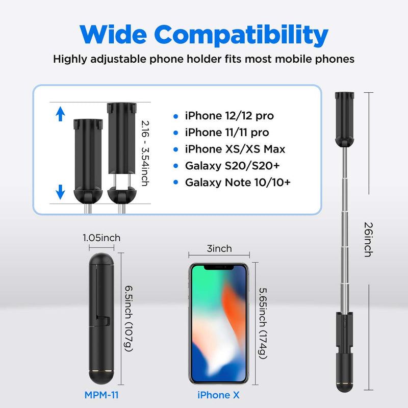 Actto Bluetooth Selfie Stick, Lightweight Aluminum All in One Extendable Selfie Sticks Compact Design for iPhone 12, 11 Pro Max/12, 11 Pro/12, 11/XS/XS Max/XR/X, Galaxy S10/S9/S8/S7/S6/Note. Black