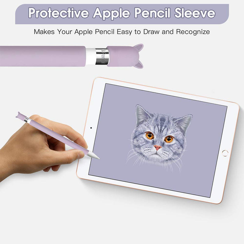 2 Pack Case for Apple Pencil 1st Generation Holder Sleeve Cover Grip Accessories, Cute Cat Silicone Skin with Charging Cap and 2 Protective Nib Covers for iPad Pro 9.7/10.5/12.9-Pink,Purple