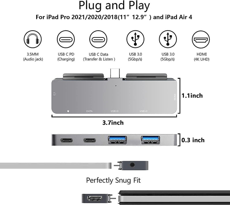 USB C HUB for iPad Pro 11/12.9" 2021 2020 2018,Adapter for iPad Air 4,6 in 1 iPad Pro Hub with 4K HDMI,3.5mm Headphone Jack,2 USB3.0 Ports,USB C PD Charging&Data,USB C Earphone Jack