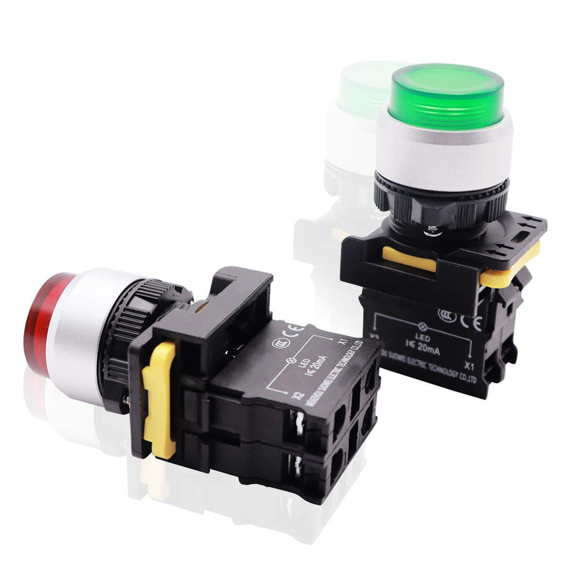 mxuteuk 2Pcs High Head Red Green LED Light Voltage 110V-220V 22mm 1NO1NC Waterproof IP65 SPST Momentary Push Button Switch 10A 600V LA155-A1-GTFW 1NO Momentary