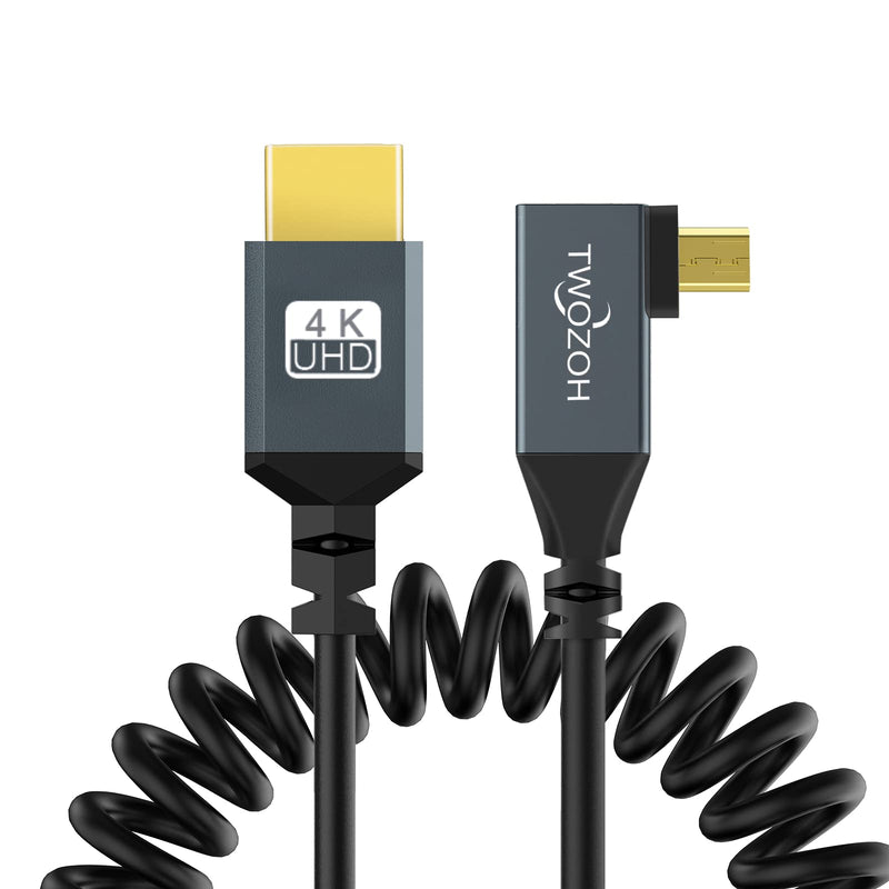 Twozoh Left Angled Coiled Micro HDMI to HDMI Cable, Micro HDMI to HDMI Coiled Cable 90°Degree Stretched Length 30cm to 150cm - Supports 3D/4K 1080p(5FT) Left Angled Micro to HDMI