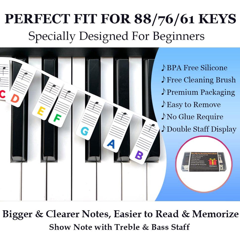 Removable Silicone Piano Notes Guide for Beginners,Pixi Removable Piano Keyboard Notes Strips Labels With Cleaning Brush for Kids Learning, 61/88-Key Full Size Piano Keyboard Note Labels Sticker (Rainbow Color)