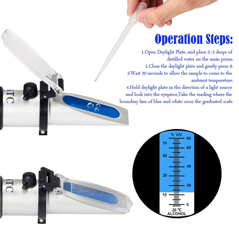 Handheld Alcohol Refractometer,V·RESOURCING 0~80% Alcohol Content Measurement Tool Tester for Spirits Distilled Ethanol with Water like Whiskey, Brandy;Used in Scientific Research, Alcohol Purchase
