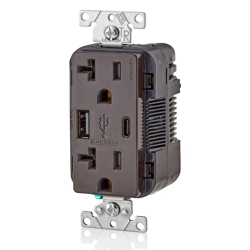 Leviton T5833-B 20-Amp Type-C USB Charger/Tamper Resistant Receptacle, Brown