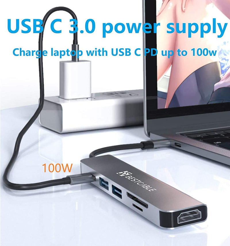 BEST CABLE USB C Hub Multiport Adapter - 6 in 1 Portable with 4K HDMI Output, 2 USB 3.0 Ports, SD/TF Card Reader,USB C 100W PD, Compatible with MacBook Pro, XPS More USB C Devices