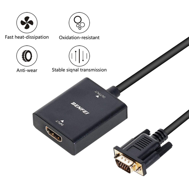 HDMI to VGA, Benfei HDMI to VGA Adapter (Female to Male) with 3.5mm Audio Jack Compatible for TV Stick, Computer, Desktop, Laptop, PC, Monitor, Projector, Raspberry Pi, Roku, Xbox and More - Black