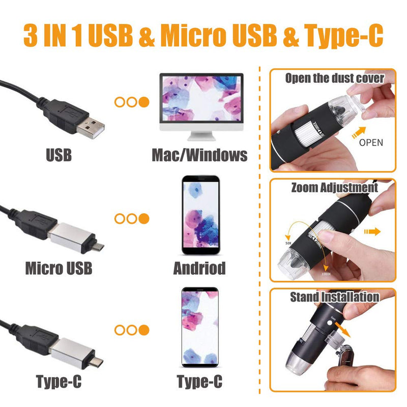 40 to 1000x Magnification Endoscope, 8 LED USB 2.0 Digital Microscope, Mini Camera with OTG Adapter and Metal Stand, Compatible with Mac Window 7 8 10 Android Linux
