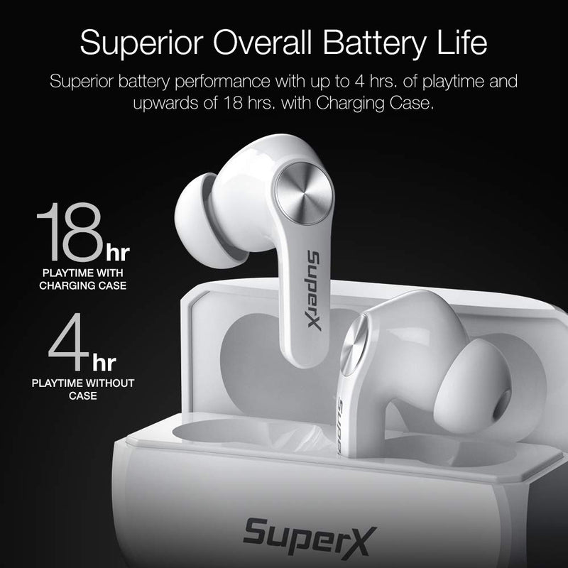 SuperX Bluetooth 5.0 Wireless Earbuds with Charging Case IPX5 Sweatproof Headset/Headphones in Ear Built in Mic Industrial Leading TWS Sound with Sport Pumping Bass - Platinum Silver