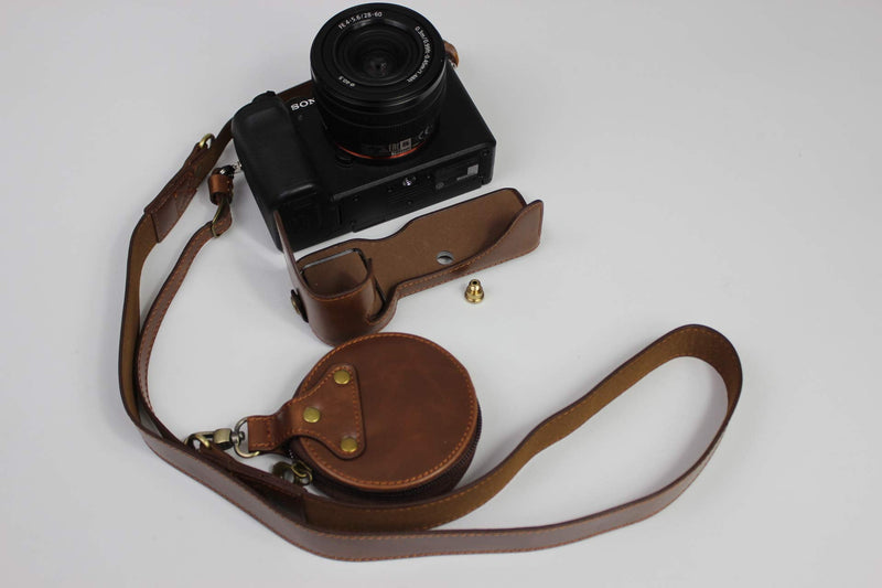 A7C Case, BolinUS Handmade PU Leather Fullbody Camera Case Bag Cover for Sony Alpha A7C with 28-60mm Lens Bottom Opening Version + Neck Strap + Mini Storage Bag (Coffee) Coffee