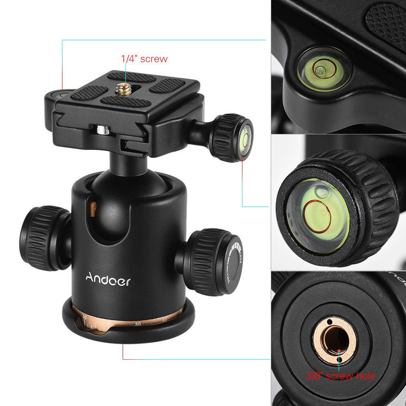 Andoer Tripod Ball Head, 360 Degree Rotating Panoramic Ball Head with Quick Release Plate 1/4 to 3/8 Screw Adapter Max 8kg/17.64lbs for Tripod Monopod Slider DSLR Camera Tripod head Gold