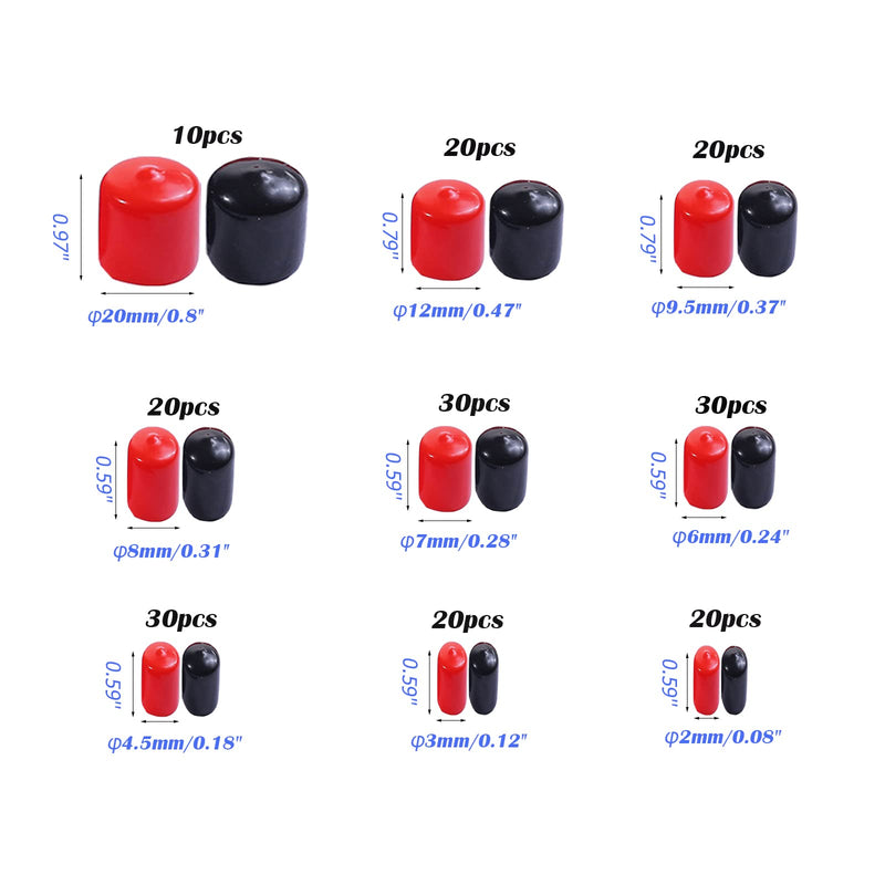 [AUSTRALIA] - 200 Pieces Rubber End Caps Assortment Kit Vinyl Flexible Bolt Screw Rubber Caps Thread Protector End Safety Cover Multi-Purpose,9 Sizes Form 2/25" to 4/5" (Red & Black) 