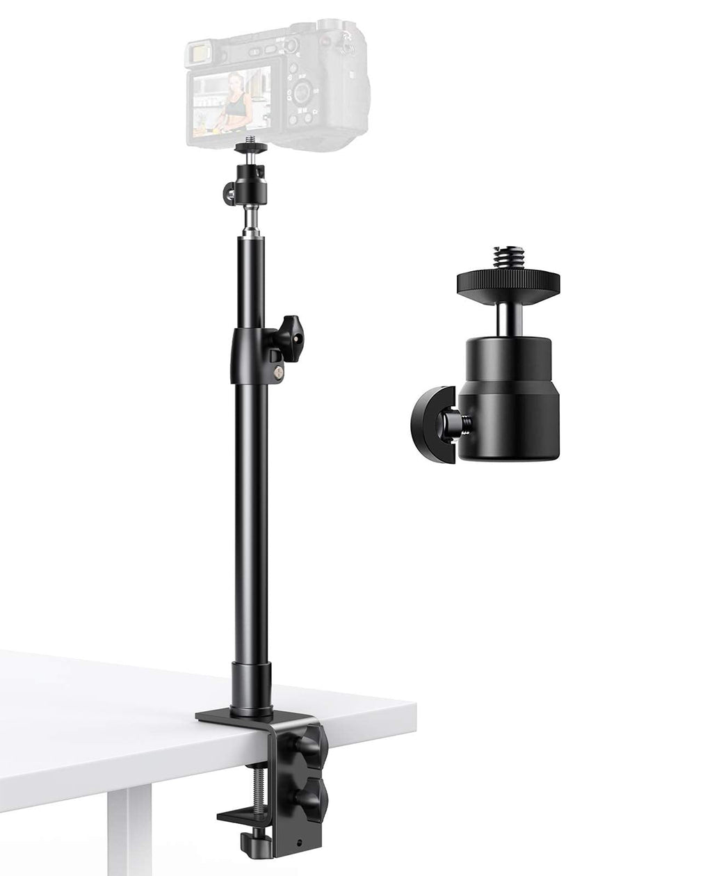Pixel Desk Camera Mount Stand,12.9-22 inch Table C Clamp Mount Stand, Adjustable Aluminum Light Stand with 360°Ball Head,1/4" Screw Tip for DSLR Camera/Ring Light/Video Monitor/webcam light 1 Pack