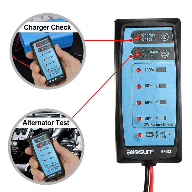 allsun Auto Car Mini Battery Tester GK503 Portable Vehicle Battery Tester Charger Alternator Cranking Check 12V Power Supply Check Automotive Storage Ideal Tool