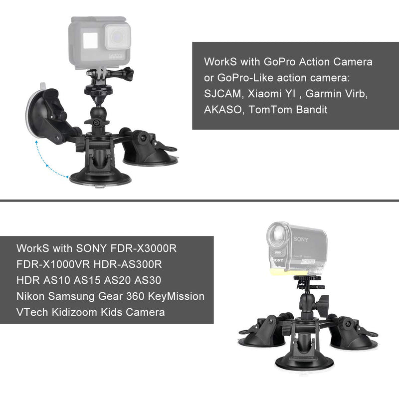 3-Cup Action Camera Suction Cup Mount Motion Camcorder Car Windshield Hood Door Trunk Lid Holder /w Ball Head Compatible with GoPro Sony DJI OSMO Action Akaso Apeman YI Sports DV Cam Vehicle Mounts