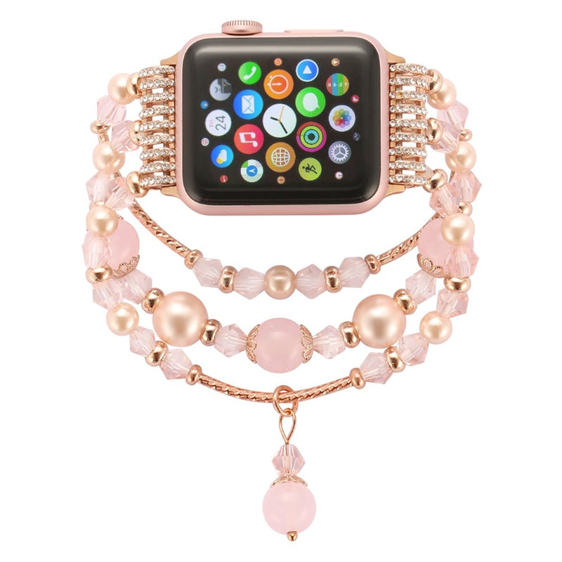 Simpeak Beaded Fashion Band Compatible with Apple Watch 38mm 40mm Series 6 SE 5 4 3 2 1, Handmade Beaded Elastic Women Bracelet Replacement for iWatch 38 40, Fixed Size 5.7-6.9, Rose Pink