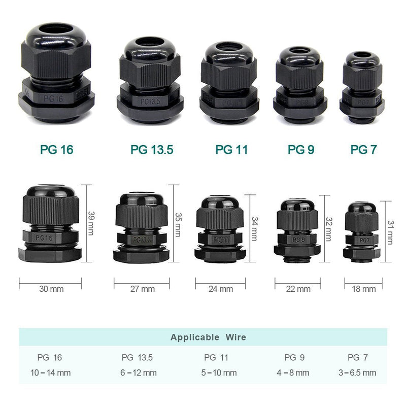 eoocvt 25 Pcs Plastic Waterproof Adjustable 3.5-13mm Cable Glands Joints, PG7, PG9, PG11, PG13.5, PG16
