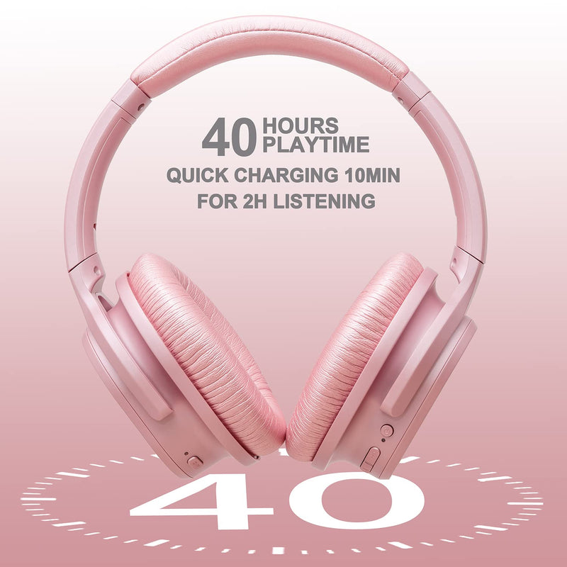ZIHNIC Active Noise Cancelling Headphones, 40H Playtime Wireless Bluetooth Headset with Deep Bass Hi-Fi Stereo Sound,Comfortable Earpads for Travel/Home/Office (Rose Gold) rose
