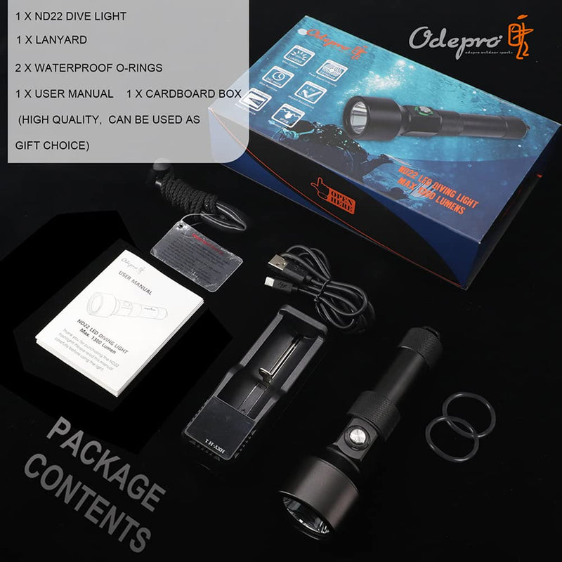 Odepro ND22 Diving Light, 1300 Lumens Scuba Night Dive Torch with 8 Degrees Narrow Beam Angle, IP68 Waterproof Submersible Flashlight with Battery Indicator, for 150 Meters Underwater Exploration