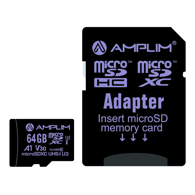 Amplim 64GB Micro SD Card, Extreme High Speed MicroSD Memory Plus Adapter, MicroSDXC SDXC U3 Class 10 V30 UHS-I TF Nintendo-Switch, Go Pro Hero, Surface, Phone Galaxy, Camera Security Cam, Tablet Purple 64GB