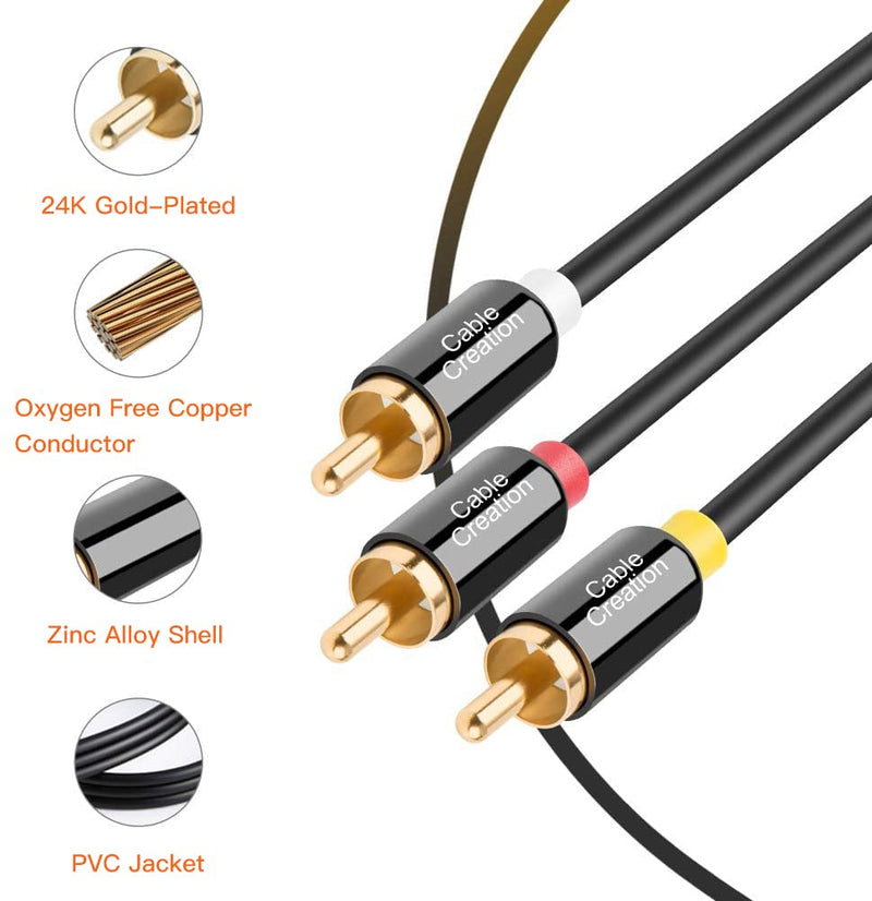 CableCreation Audio Video RCA Cable, 10FT 3RCA to 3RCA Composite AV Cable Compatible with Set-Top Box, Speaker, Amplifier, DVD Player, 24K Gold Plated