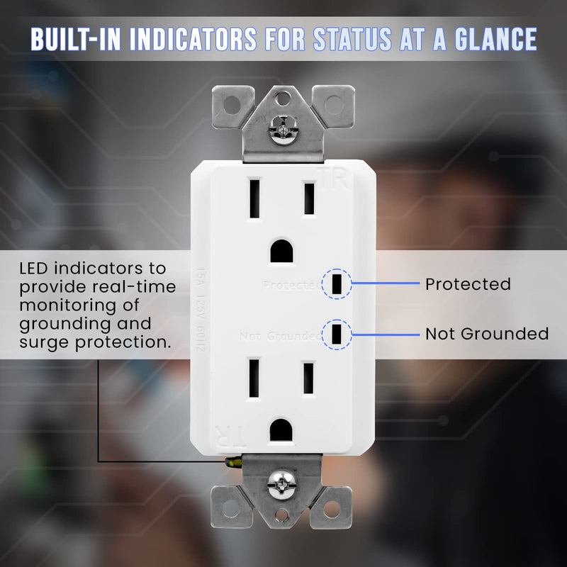 15A 125V, Surge Protector Receptacle with Grounding Indicator By Select-Lighting, Child Safe, Tamper-Resistant, Self-Grounding, 2-Pole, UL Listed, White