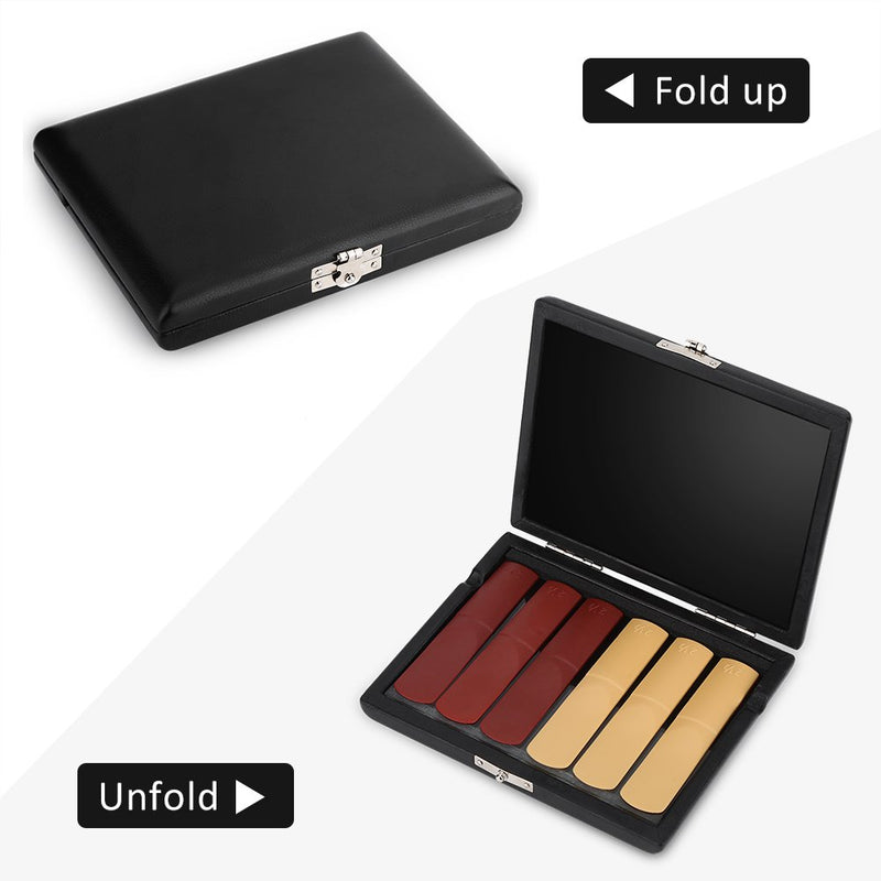 Saxophone Clarinet Reed Case, PU Leather Cover Reed Storage Case Container Box with Slots for 6pcs Reeds