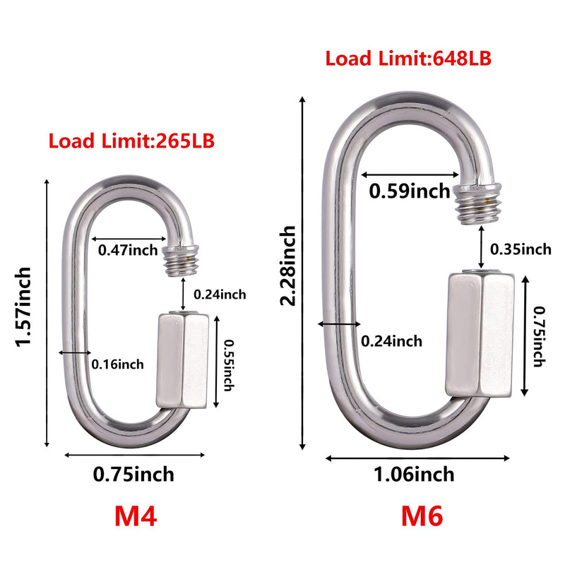 Heavy-Duty Chain Hooks Quick Links - 304 Stainless Steel Locking Carabiner Anti-Rust Chain Connector Quick Link for Towing,Swing,Shade Sail,Bird Toys,Capacity 648lb(M6 6pack) M6