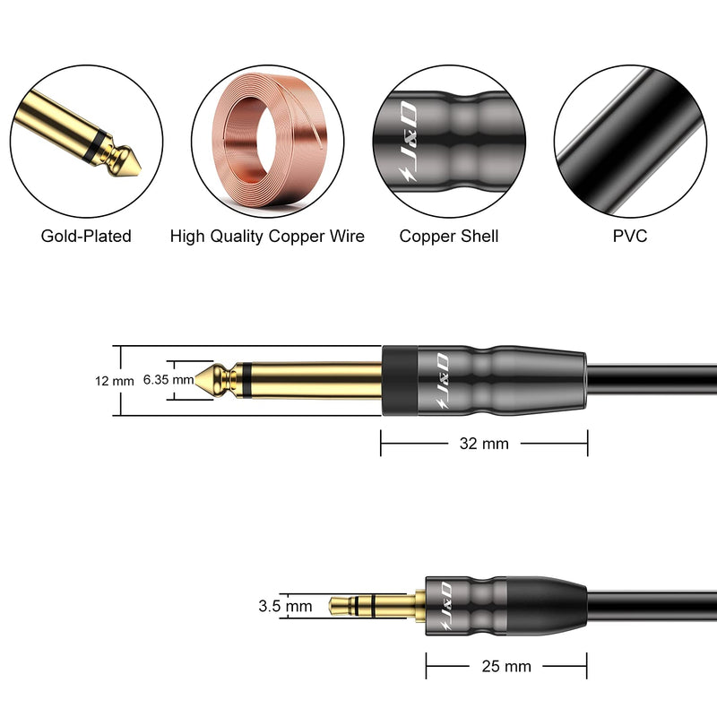 J&D 1/4 inch TS to 3.5mm TRS Cable, Heavy Duty Copper Shell 6.35mm 1/4 inch Male to 3.5 mm 1/8 inch Male Mono Interconnect Stereo Aux Jack Adapter Cable, 6.5 Feet