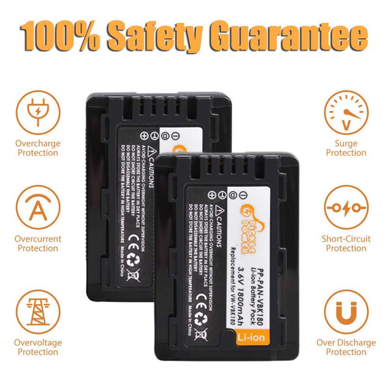 VW-VBK180, Pickle Power (x2) Batteries and Dual Slots USB Charger Replacement for Panasonic SDR-S45 S50 S50A S50K S50N S70 S70K S70S S70N S71 S71K HC-V100M V300M V500 V500K V500M mdoel.(1800mAh, 3.6V)