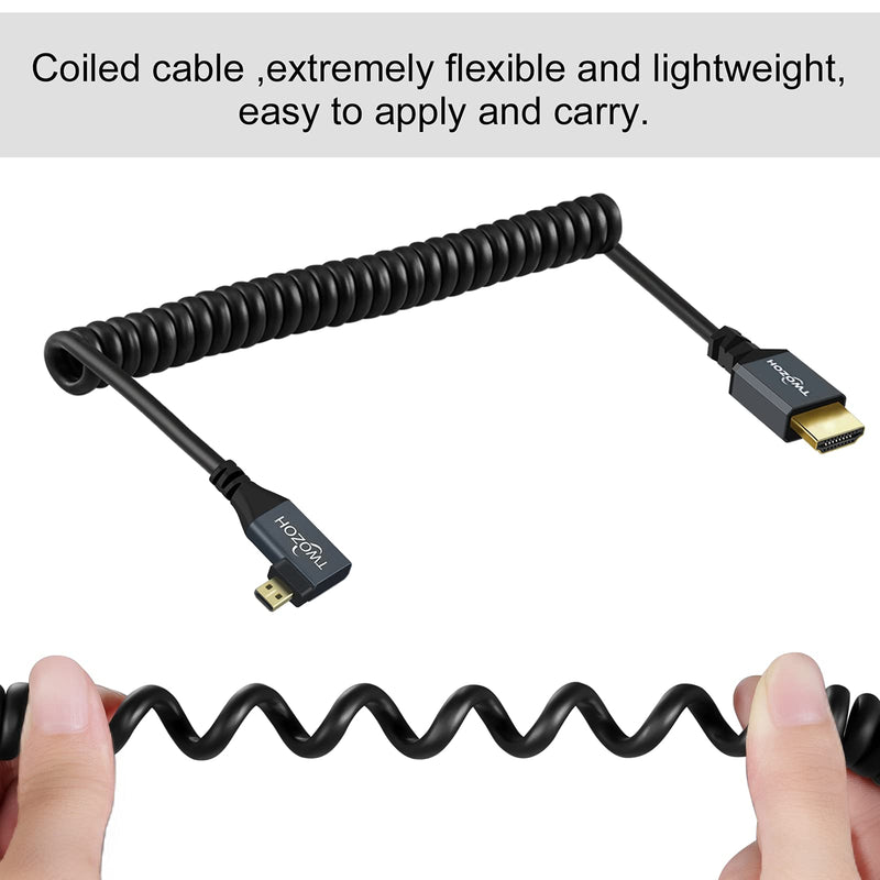 Twozoh Right Angled Coiled Micro HDMI to HDMI Cable, Micro HDMI to HDMI Coiled Cable 90°Degree Stretched Length 30cm to 150cm - Supports 3D/4K 1080p(5FT) Right Angled Micro to HDMI