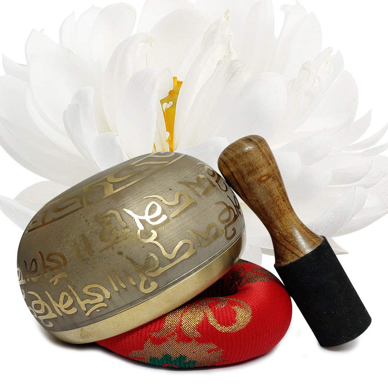 Hand Crafted Tibetan 4 Inch Mantra Singing Bowl Set By Trumiri - Helpful for Meditation Chakra Healing Relaxation Peace Mindfulness with Premium Tulsi Beads, Flag, Mallet, Cushion & Potli (Bag)