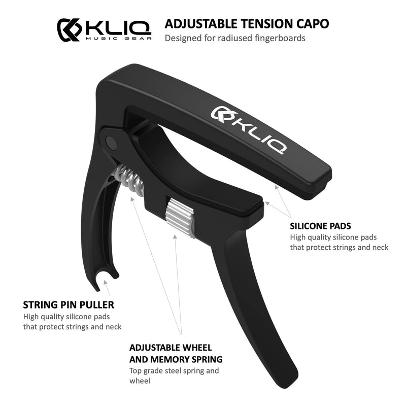 KLIQ K-PO Guitar Capo for 6 String Acoustic and Electric Guitars - Spring Loaded Trigger Style (Black Adjustable) Black Adjustable