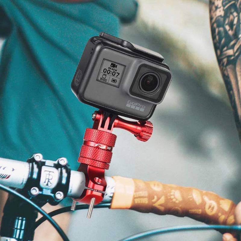 HSU Aluminum Bike Bicycle Handlebar Mount for Gopro Hero 10/9/8/7/6/5/4 Session AKASO Campark and Other Action Cameras, 360 Degrees Rotary Mountain Bike Rack Mount (Red) Red