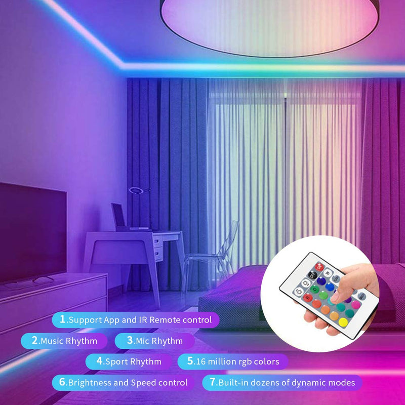 16.4Ft/5M LED Strip Lights, Timelux Smart LED Light Strips 12V Brighter 5050 LEDs LED Tape Light with LED Music Sync Color Changing 24 Keys IR Remote for TV Bedroom Kitchen Desk Parties