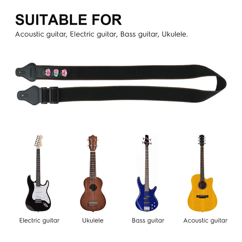 DINGDA Soft Cotton Guitar Strap with 3 Pick Holders and 3 Picks, Set for Acoustic Guitar, Electric Guitar and Bass (Black) Black cotton