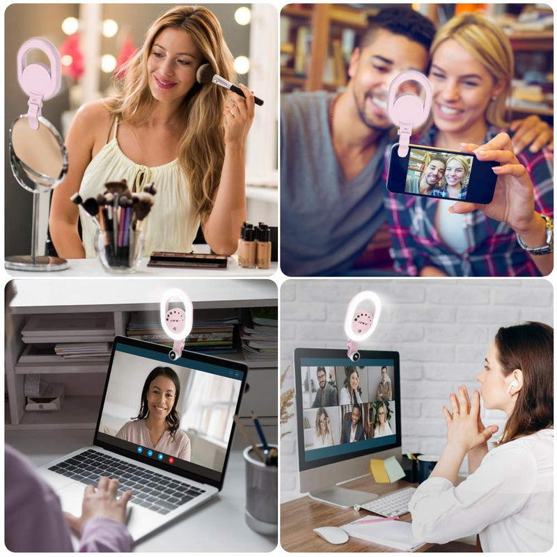 Video Conference Lighting for Phone Laptop, Evershop Selfie Ring Light with 3 Light Modes LED Clip-on Rechargeable Light for Photo,Makeup,Zoom Meeting, Video Call,Live Streaming, YouTube, TikTok Pink