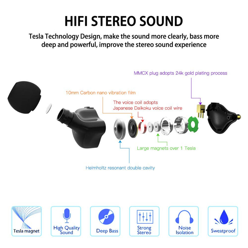 DCMEKA in Ear Monitor Headphones, Superior Sound Wired Earbuds with Tesla Magnet, Professional Sound Isolating Earphones for Singers/Drummers/Musicians, MMCX Connector IEM Earphones (Black UV Coating) No Mic Black UV Coating,3.5mm jack