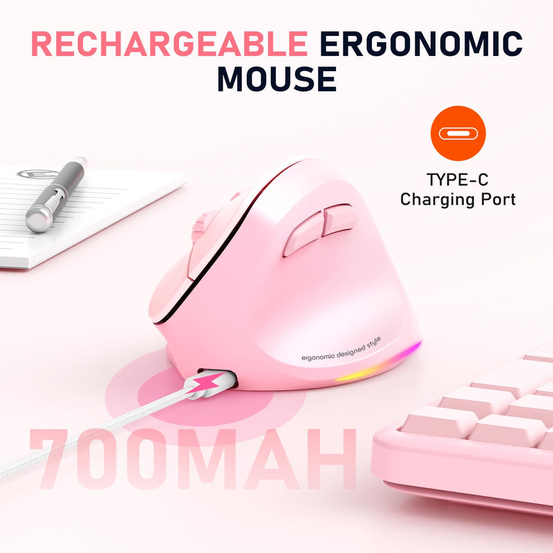 MEETION Ergonomic Mouse, Wireless Vertical Mouse RGB Backlit Rechargeable Mice for Bluetooth(5.2 + 3.0) & USB-A with Type-c Adapter 4 Adjustable DPI Compatible Mac/Windows/Andriod/PC/Tablet/iPad Pink Right-Handed