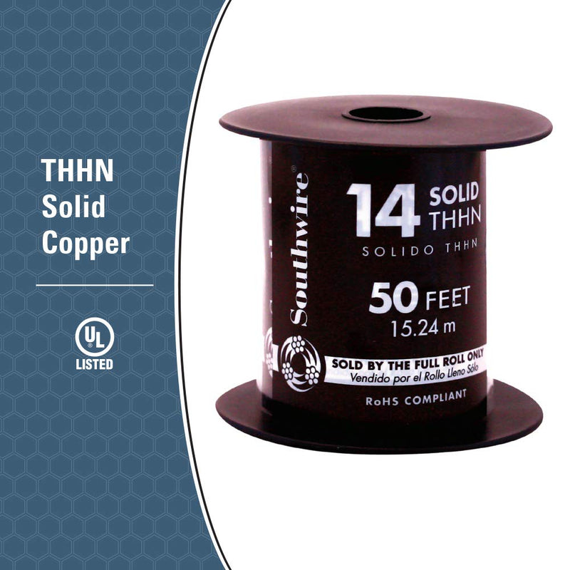 SOUTHWIRE COMPANY LL 11579041 50' 14SOL BLK THHN Wire, 14 Guage, Black