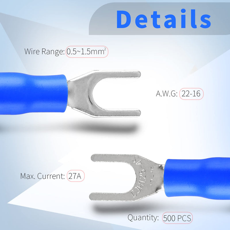 BokWin SV1.25-4S 22-16AWG Blue Insulated Fork Spade Wire Connector Electrical Crimp Terminal 500Pcs