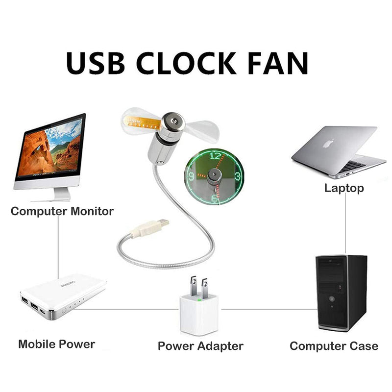 B2ocled USB LED Clock Fan, 90mm USB-Powered Portable Fan with Clock, LED Light Display Time, Mini Gooseneck Fan for laptop and PC-Green Light (Clock fan)
