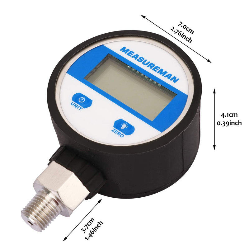 [AUSTRALIA] - MEASUREMAN 2-1/2" dial, Digital Industrial Vacuum Gauge with 1/4"NPT Lower Mount, Stainless Steel case and Connection, 15psi, 1%,Battery Powered, with LED Light 2-1/2" Dial, -15psi vacuum 1% 