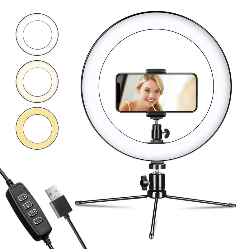 Selfie Ring Light with Tripod Stand and Phone Holder Desktop,Dimmable 10" LED Mini Camera Lighting for Makeup Live Streaming YouTube Video Photography… (10'' Light kit)