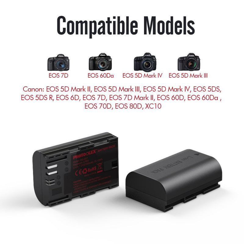 LP-E6, LP-E6N Battery 2 Pack 2100mAh Rechargeable USB Camera Battery Charger for Canon 80D 6D 70D 5D Mark II III IV EOS R 5DS 7D 60D 90D XC10 XC15 Batteries Grip Photoolex LP-E6