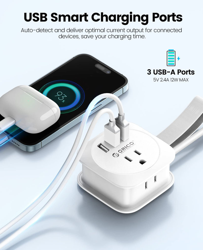 ORICO Travel Power Strip with USB Ports, Extension Cord Flat Plug 3 USB Ports 2 Outlets 3.7 Ft Wrapped Around, Compact and Portable Travel Essentials Cruise Ship Accessories Must Haves, White 3 USB-A | 2 Outlets | White