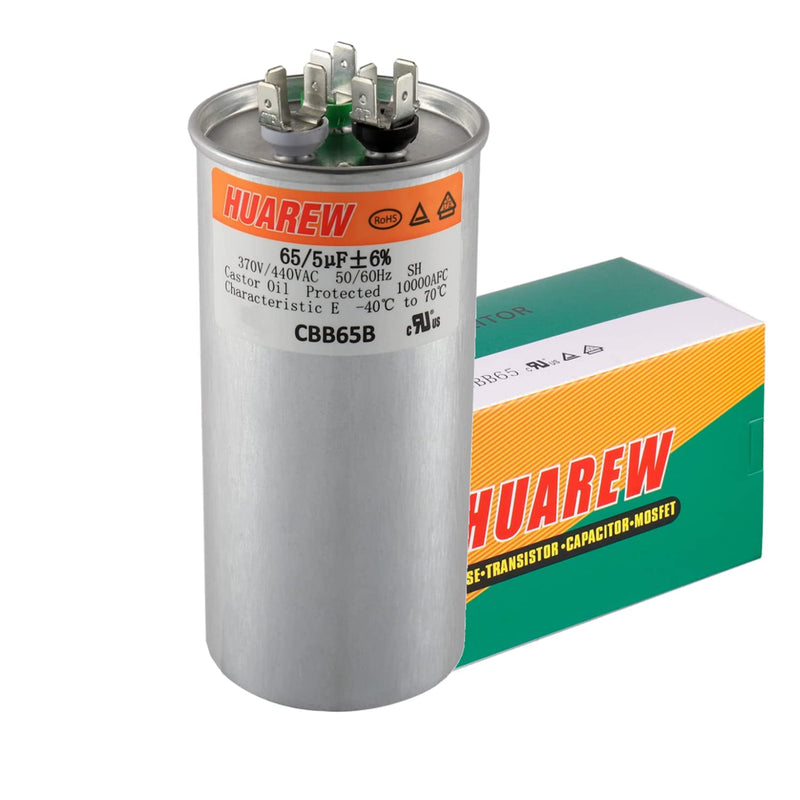 HUAREW 65+5 uF ±6% 65/5 MFD 370/440 VAC CBB65 Dual Run Start Round Capacitor for Condenser Straight Cool or Heat Pump Air Conditioner or AC Motor and Fan Starting