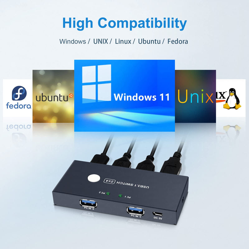 USB 3.0 Switch, USB Switcher 2 Computers Share 4 USB for PC Laptop Mouse Keyboard Printer Scanner, USB KVM Switch Selector Compatible with Windows, Mac, Linux USB 3.0