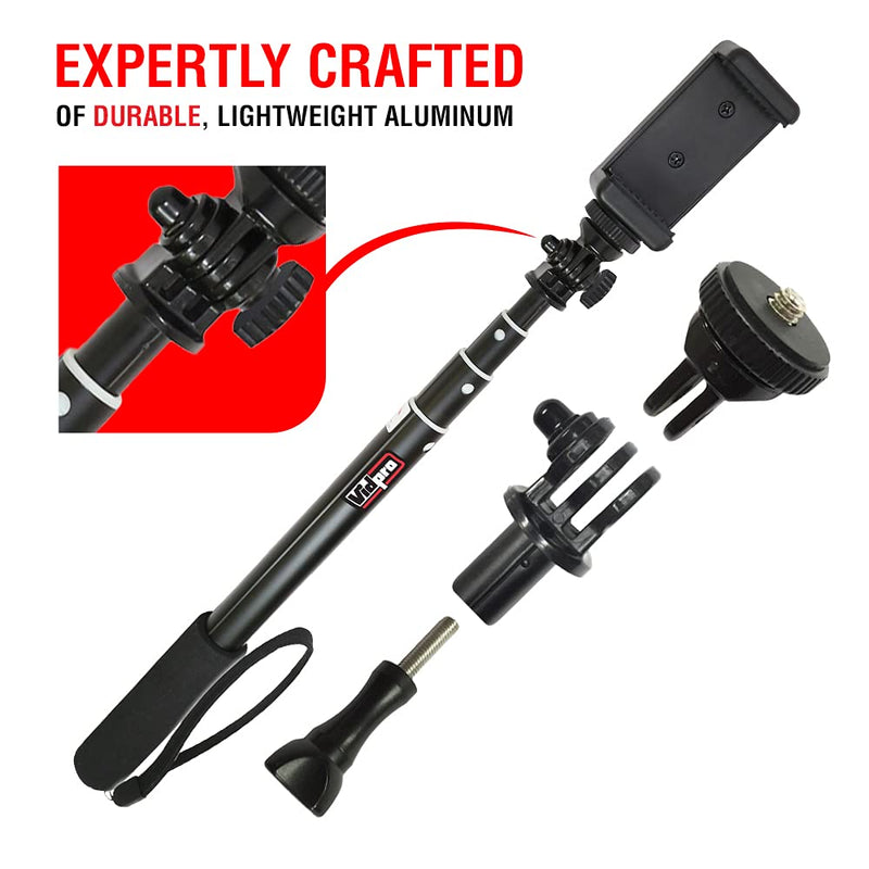 Vidpro MP-20 Action Pole - Lightweight 36-inch Extendable Aluminum Monopod Collapses down to 10 inches Includes Integrated Mount for GoPro Phone Clamp and Tripod Adapter Perfect for Cameras Camcorders and DSLRs